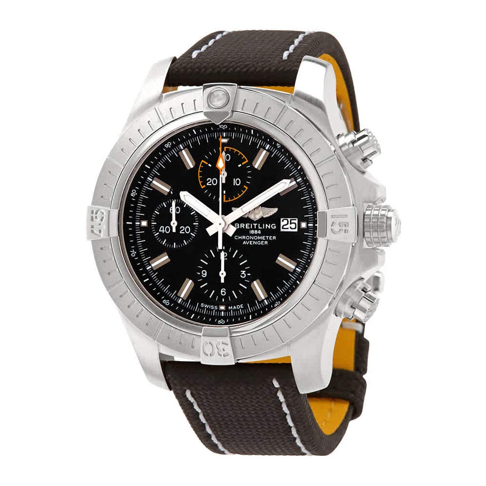 Breitling Avenger Chronograph 45mm Black Dial Black Leather Strap Watch for Men - A13317101B1X1