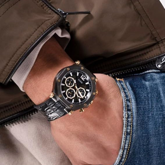 Guess Edge Chronograph Black Dial Black Leather Strap Watch For Men - GW0492G1