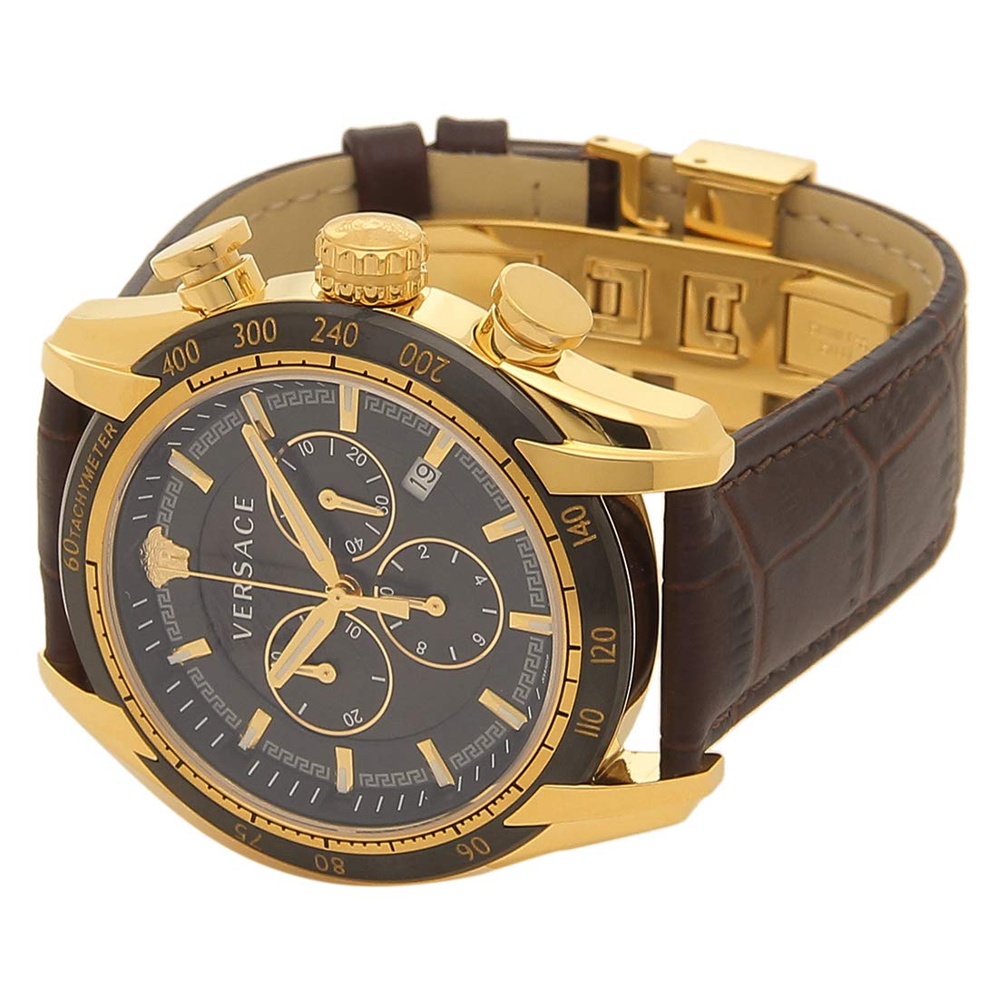 Versace V-Ray Chronograph Black Dial Brown Leather Strap Watch For Men - VEDB00318