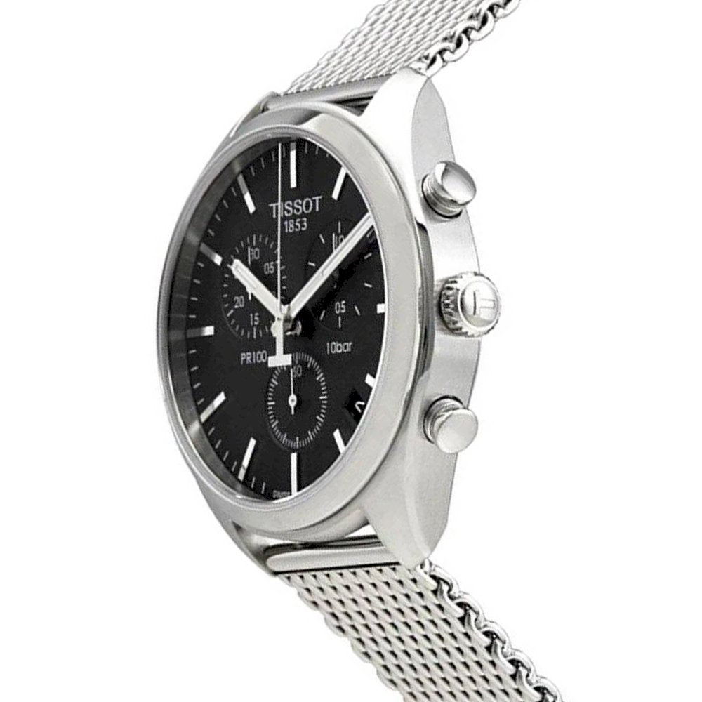 Tissot PR 100 Chronograph Black Dial Silver Mesh Bracelet Watch For Men - T101.417.11.051.01