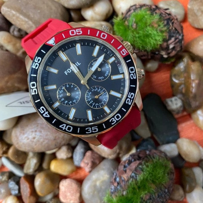 Fossil Bannon Multifunction Black Dial Red Silicone Strap Watch for Men - BQ2499