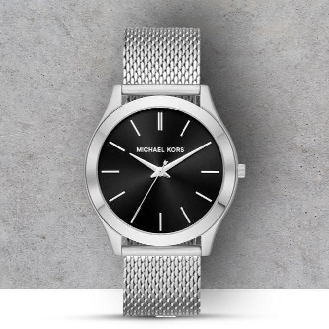 Michael Kors Slim Runway Analog Black Dial Silver Mesh Bracelet Watch For Men - MK8606