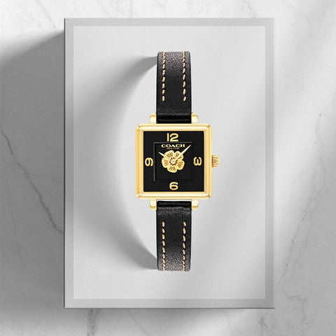 Coach Black Square Dial Black Leather Strap Watch for Women - 14503695