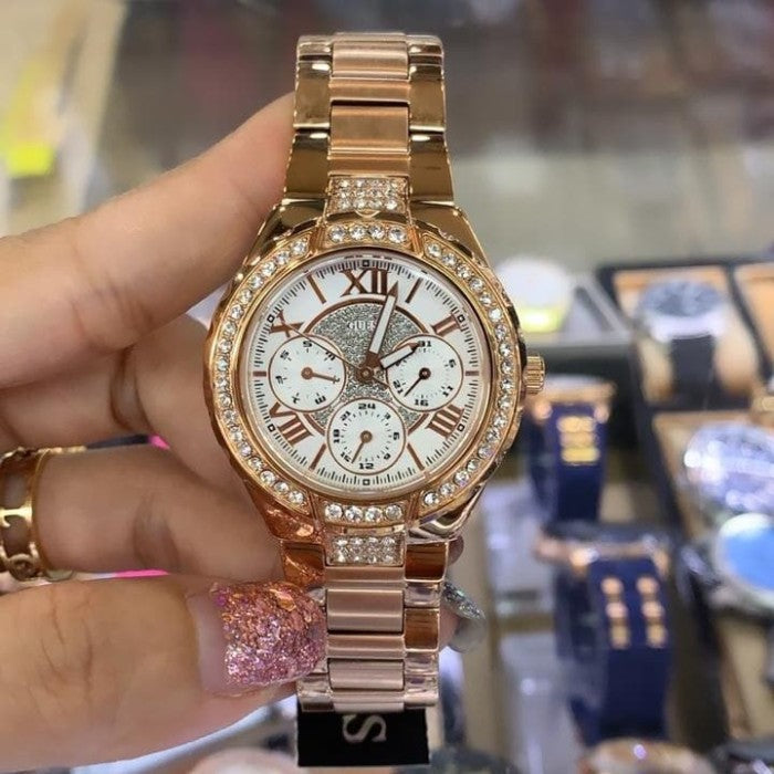 Guess Viva Diamonds White Dial Rose Gold Steel Strap Watch for Women - W0111L3