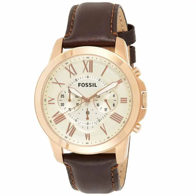 Fossil Grant Chronograph White Dial Brown Leather Strap Watch for Men - FS4991