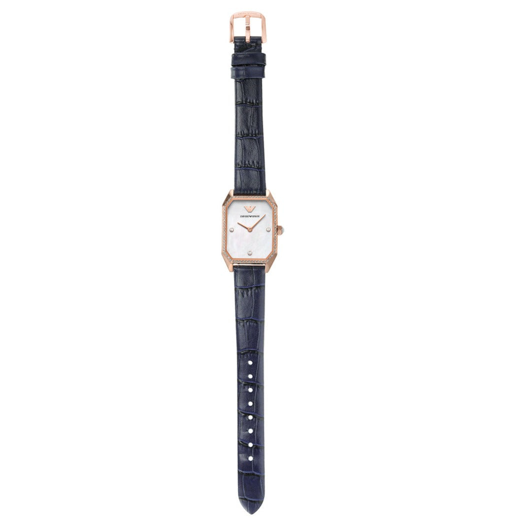 Emporio Armani Gianni T Bar Quartz Mother of Pearl Dial Blue Leather Strap Watch For Women - AR11466