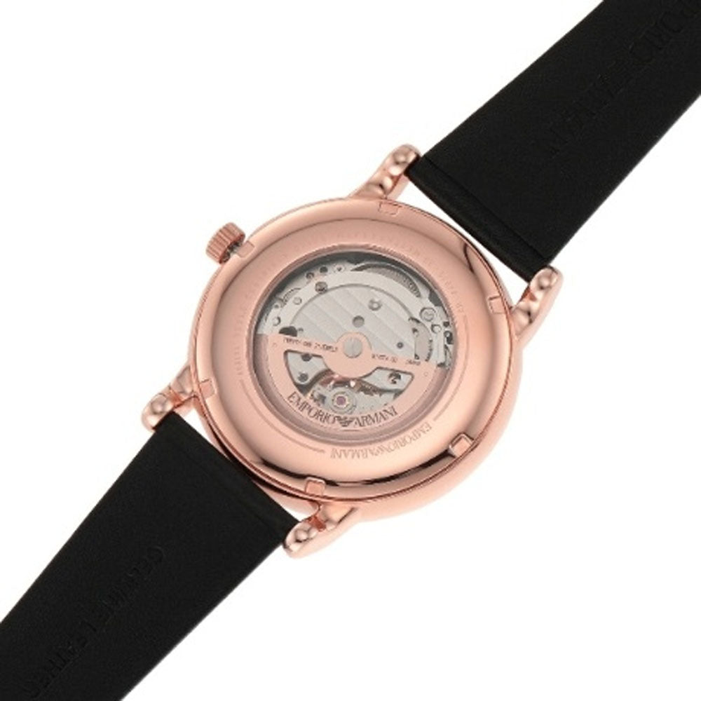 Emporio Armani Luigi Automatic Skeleton Silver Dial Black Leather Strap Watch For Men - AR60013