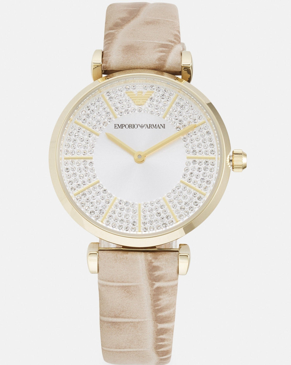 Emporio Armani Gianni T Bar Crystals Silver Dial Brown Leather Strap Watch For Women - AR11518