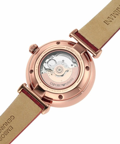Emporio Armani Meccanico Gianni T-Bar Mother of Pearl White Dial Red Leather Strap Watch For Women - AR60048