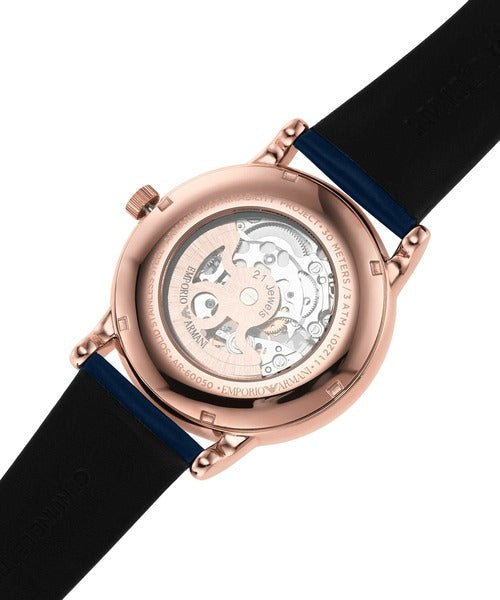 Emporio Armani Meccanico Automatic Blue Dial Blue Leather Strap Watch For Men - AR60050