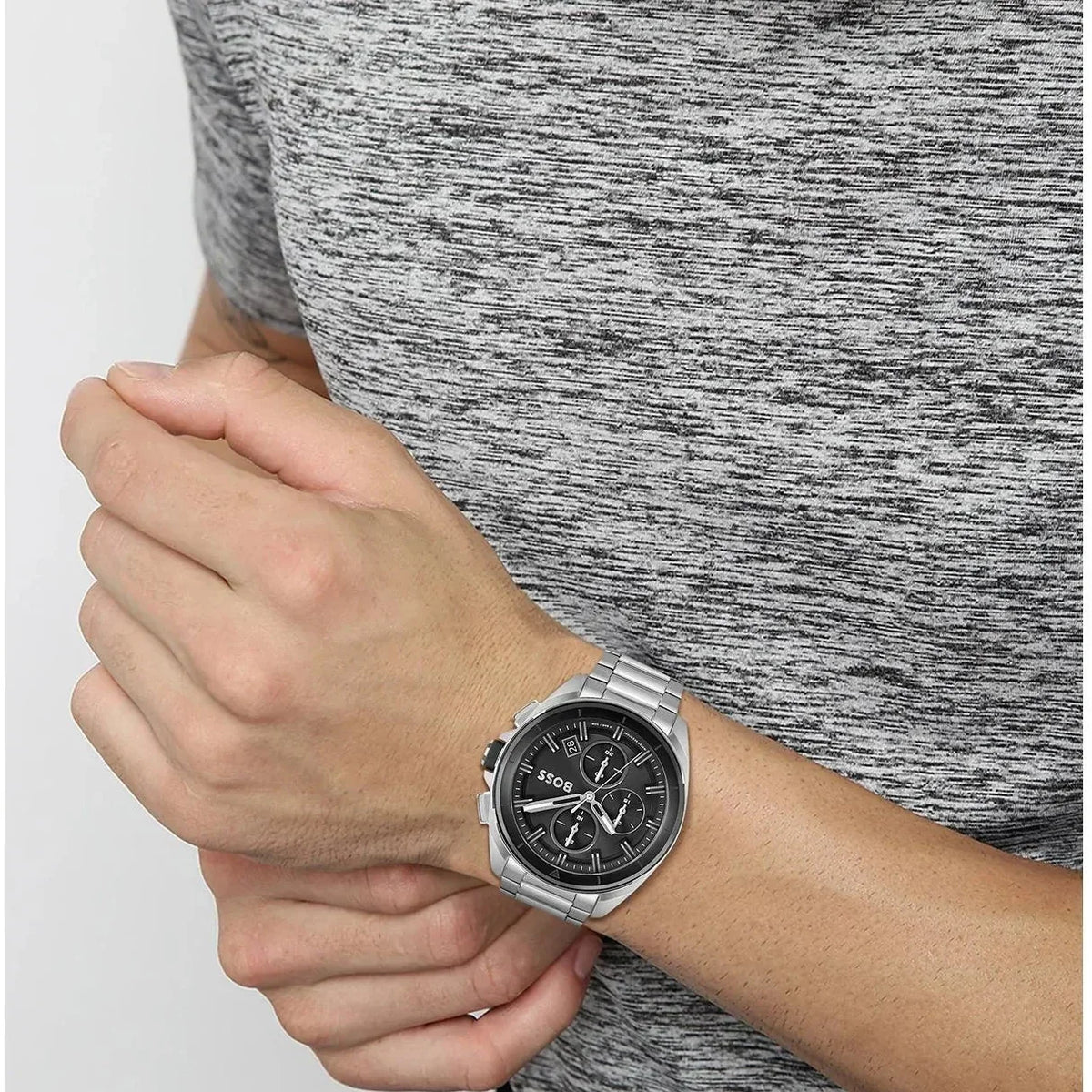 Hugo Boss Volane Chronograph Black Dial Silver Steel Strap Watch for Men - 1513949