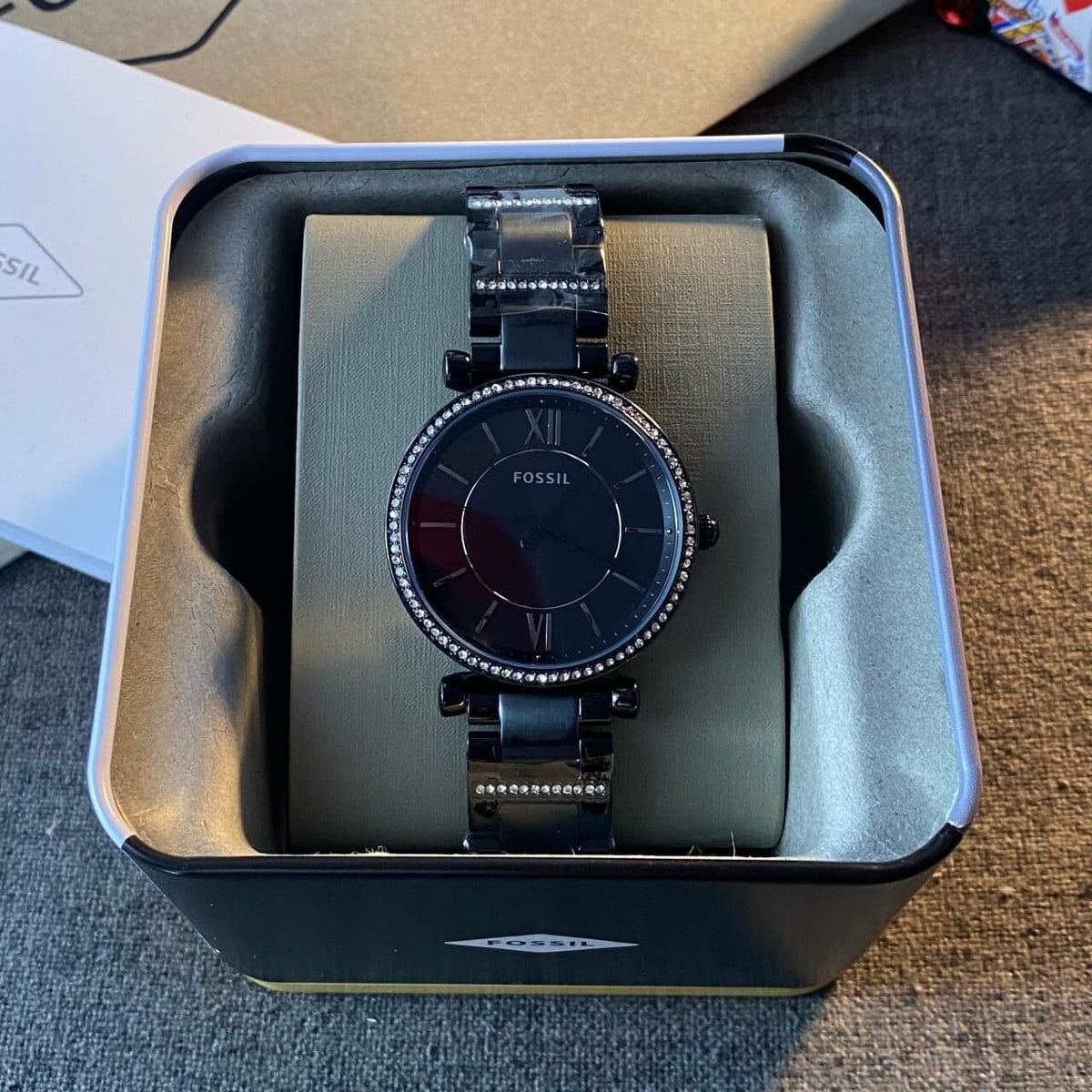 Fossil Carlie Black Dial Black Steel Strap Watch for Women - ES4488