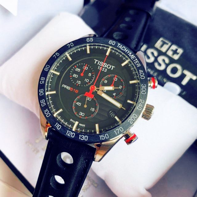 Tissot PRS 516 Chronograph Black Dial Black Leather Strap Watch For Men - T100.417.16.051.00