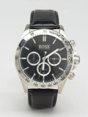 Hugo Boss Ikon Chronograph Black Dial Black Leather Strap Watch for Men - 1513178