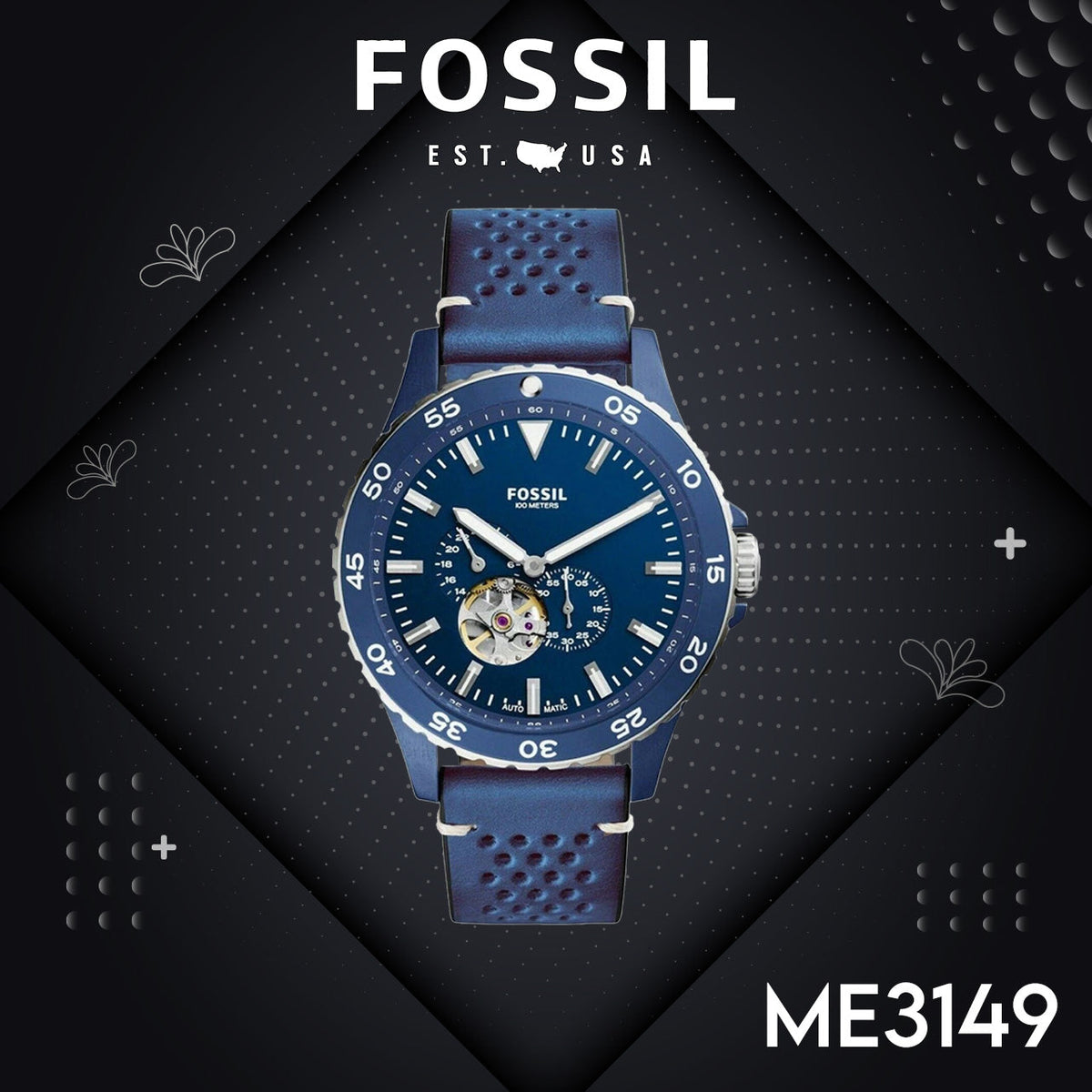 Fossil Crewmaster Sports Automatic Blue Dial Blue Leather Strap Watch for Men - ME3149