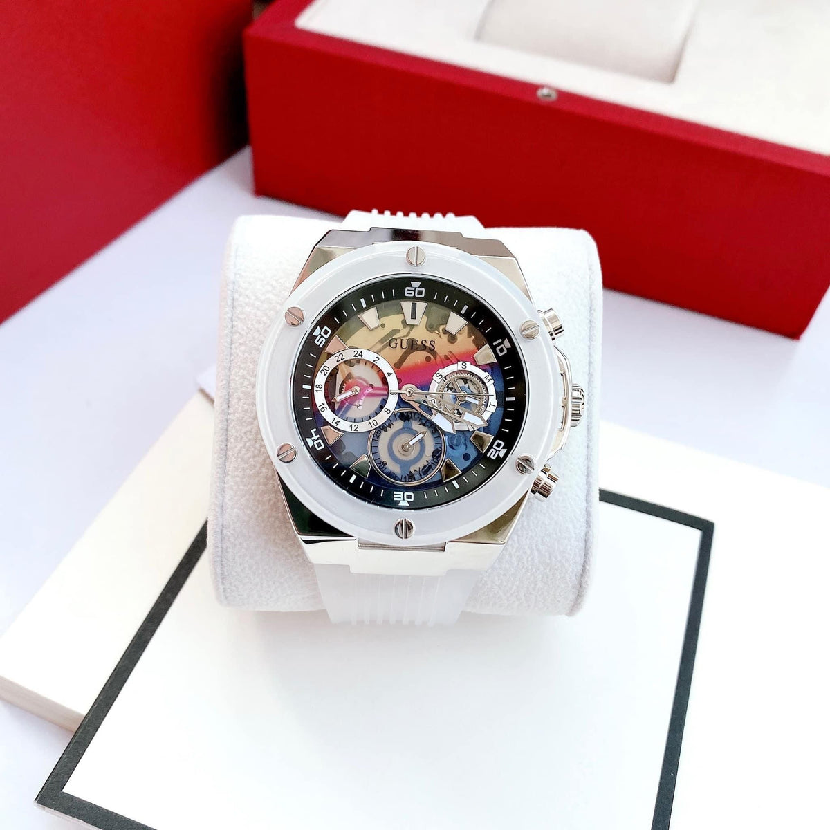 Guess Poseidon Chronograph Rainbow Dial White Silicone Strap Watch For Men - GW0425G4