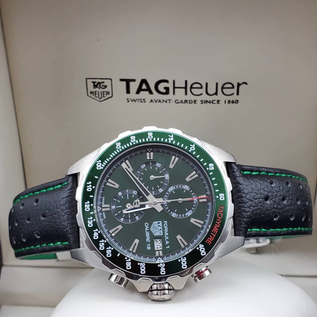 Tag Heuer Formula 1 Calibre 16 Automatic Chronograph Green Dial Black Leather Strap Watch for Men - CAZ2016.FC6473