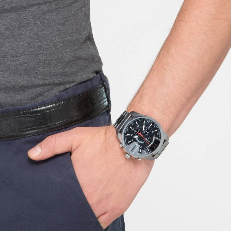 Diesel Mega Chief Chronograph Black Dial Silver Steel Strap Watch For Men - DZ4308