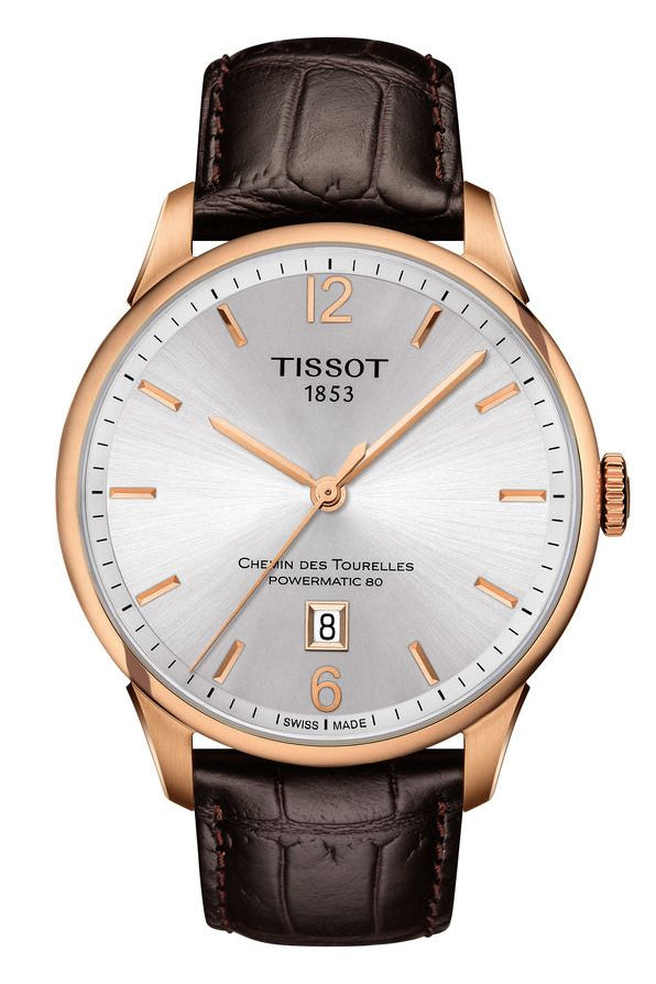 Tissot Chemin Des Tourelles Powermatic 80 Silver Dial Brown Leather Strap Watch For Men - T099.407.36.037.00