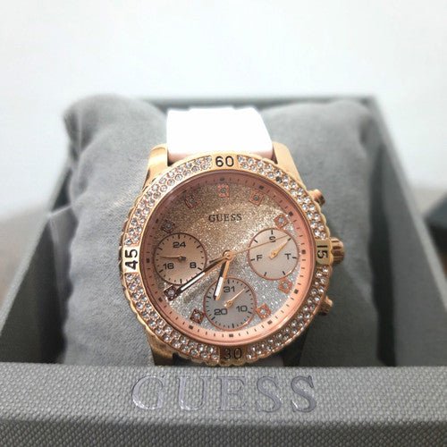 Guess Confetti Crystal Rose Gold Dial White Silicone Strap Watch For Women - W1098L5