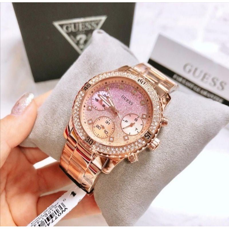 Guess Confetti Pink Dial Rose Gold Steel Strap Watch For Women - W0774L3