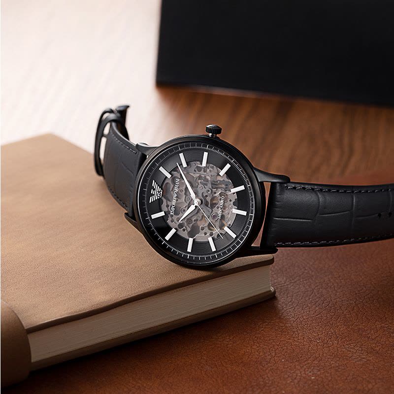 Emporio Armani Meccanico Automatic Skeleton Black Dial Black Leather Strap Watch For Men - AR60042