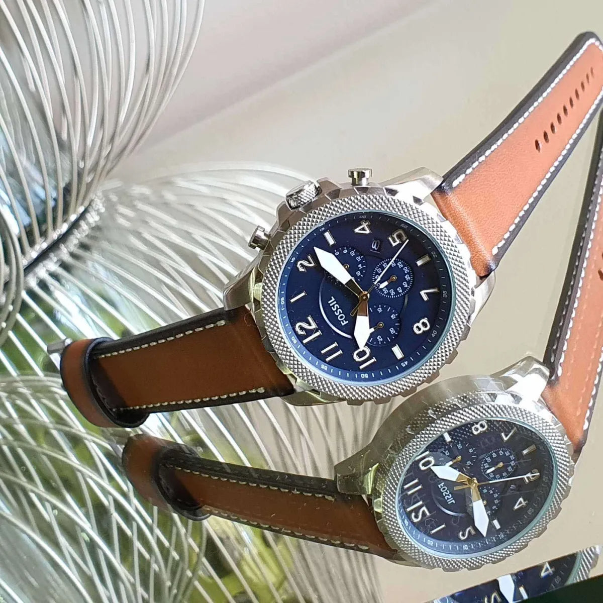 Fossil Bowman Chronograph Blue Dial Brown Leather Strap Watch for Men - FS5602