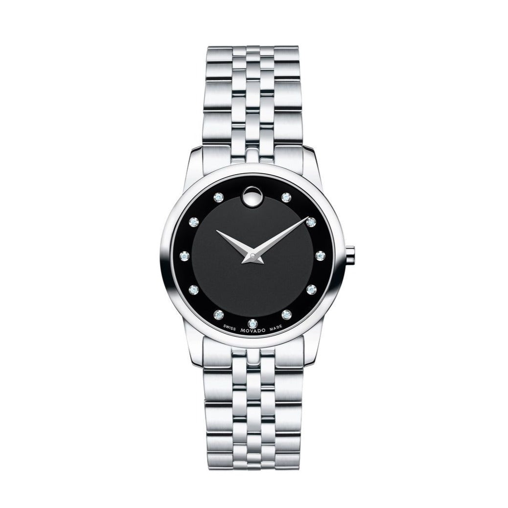Movado Museum Classic Black Dial Silver Steel Strap Watch For Women - 0606858
