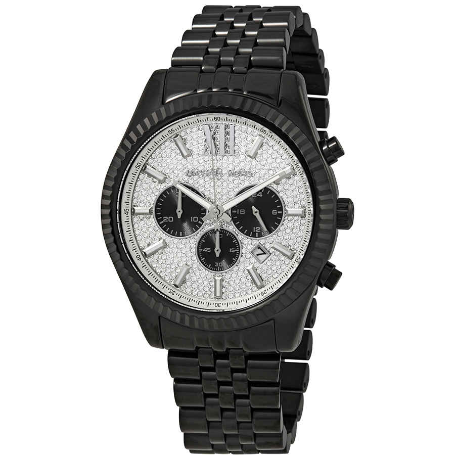 Michael Kors Lexington Chronograph Crystals Silver Dial Black Steel Strap Watch for Men - MK8605
