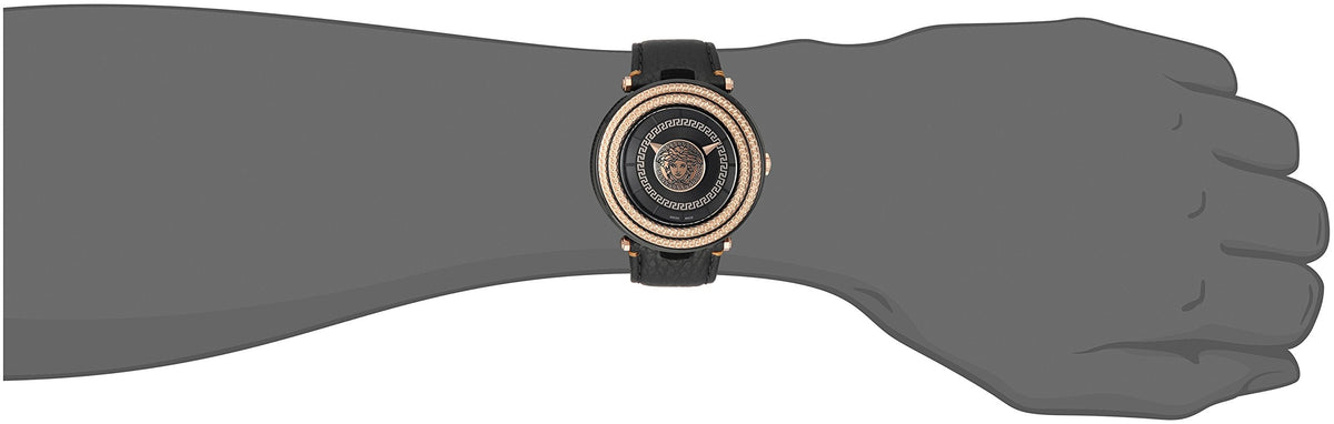 Versace V-Metal Icon Black Dial Black Leather Strap Watch For Men - VQL030015