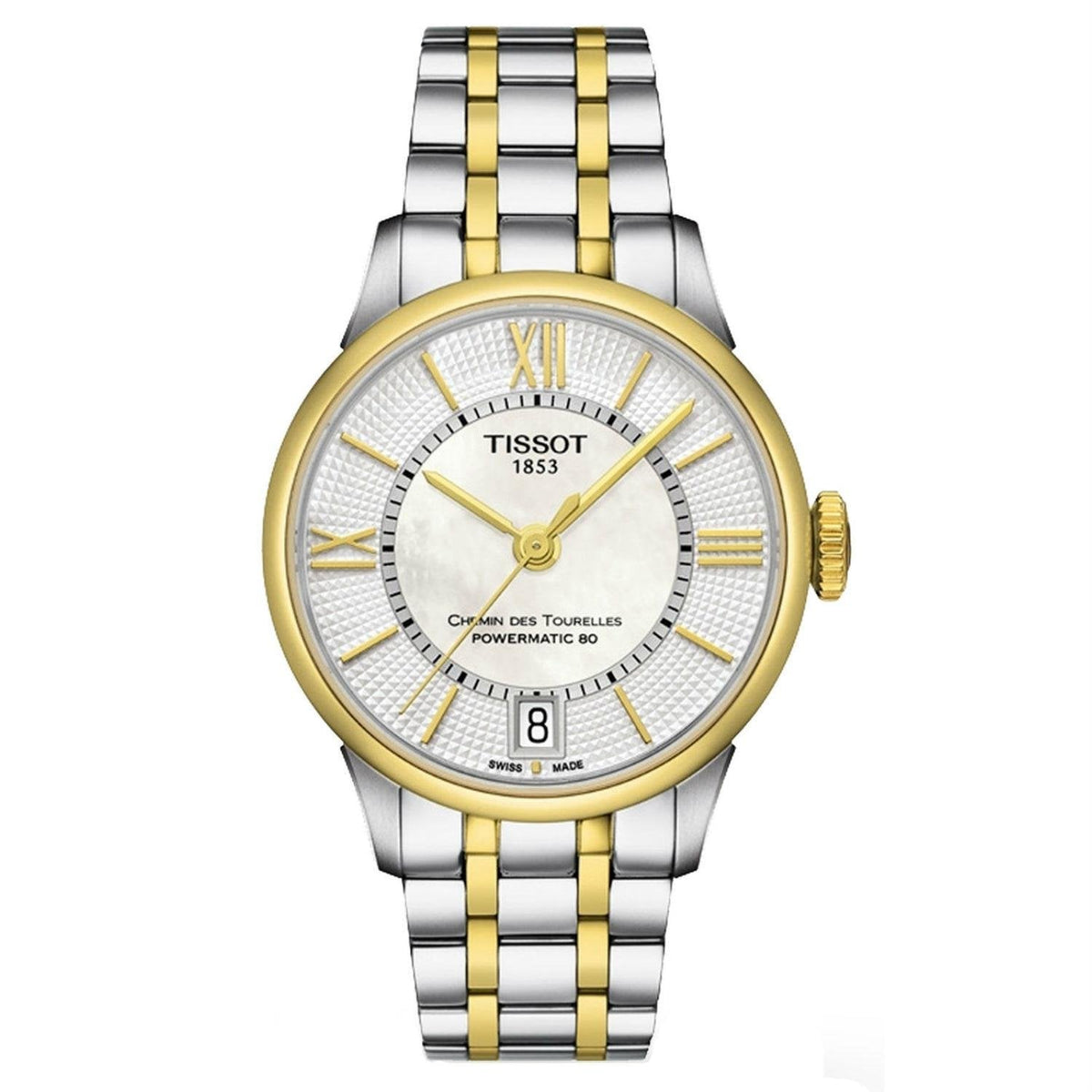 Tissot Chemin Des Tourelles Powermatic 80 Lady Mother of Pearl White Dial Two Tone Steel Strap Watch For Women - T099.207.22.118.00
