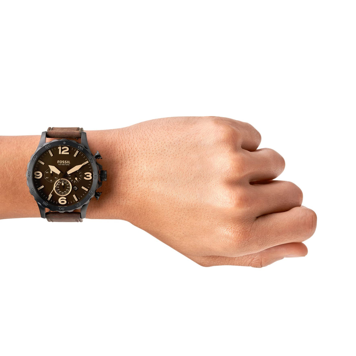 Fossil Nate Chronograph Brown Dial Brown Leather Strap Watch for Men - JR1487