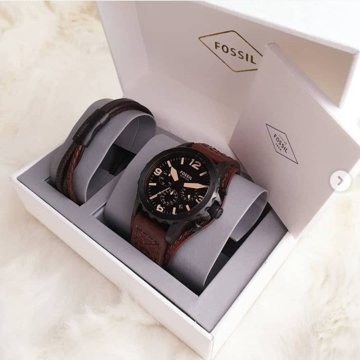 Fossil Nate Chronograph Brown Dial Brown Leather Strap Watch for Men - JR1511