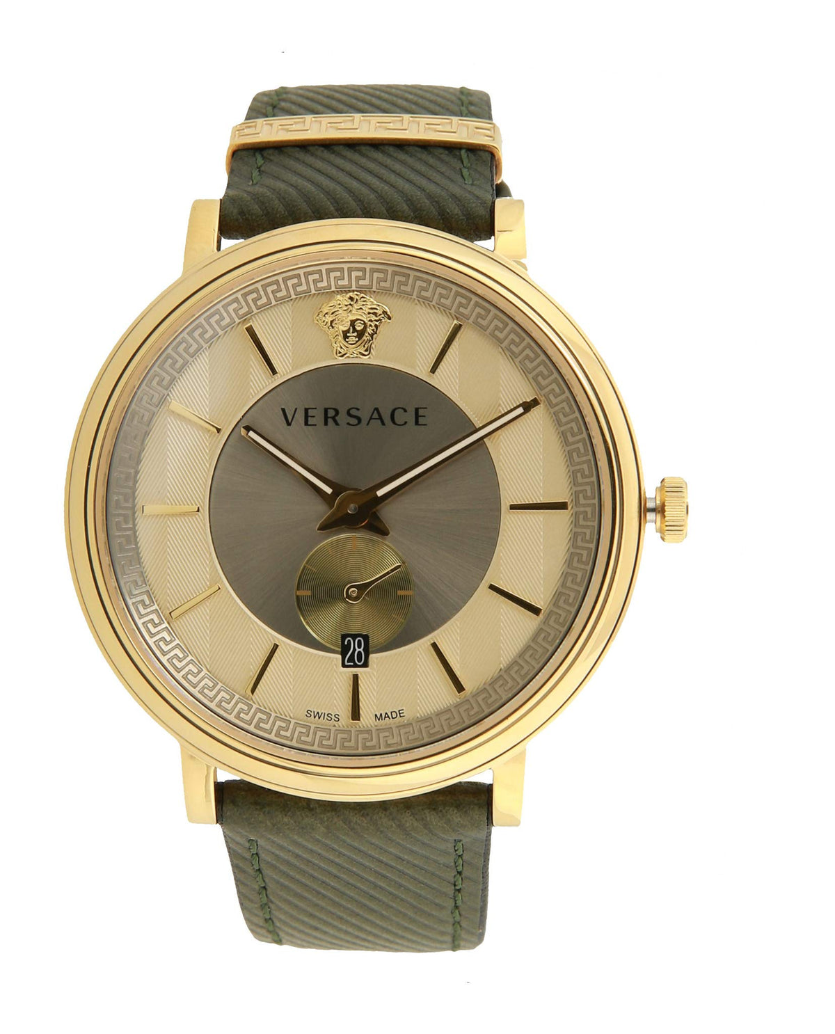 Versace V-Circle Manifesto Gold Dial Black Leather Strap Watch for Men - VBQ030017