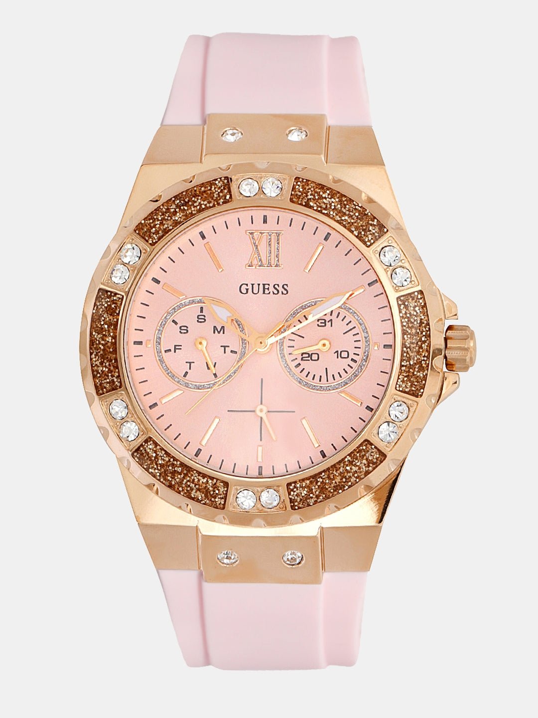 Guess Rose Gold Dial with Diamonds Pink Rubber Strap Watch For Women - W1053L3