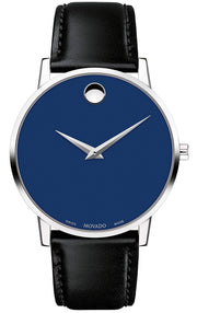 Movado Museum Blue Dial Black Leather Strap Watch For  Men - 2100009