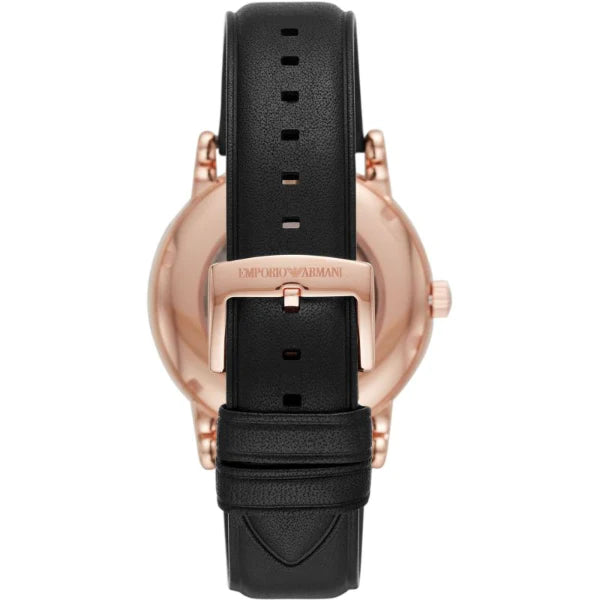Emporio Armani Luigi Automatic Skeleton Silver Dial Black Leather Strap Watch For Men - AR60013