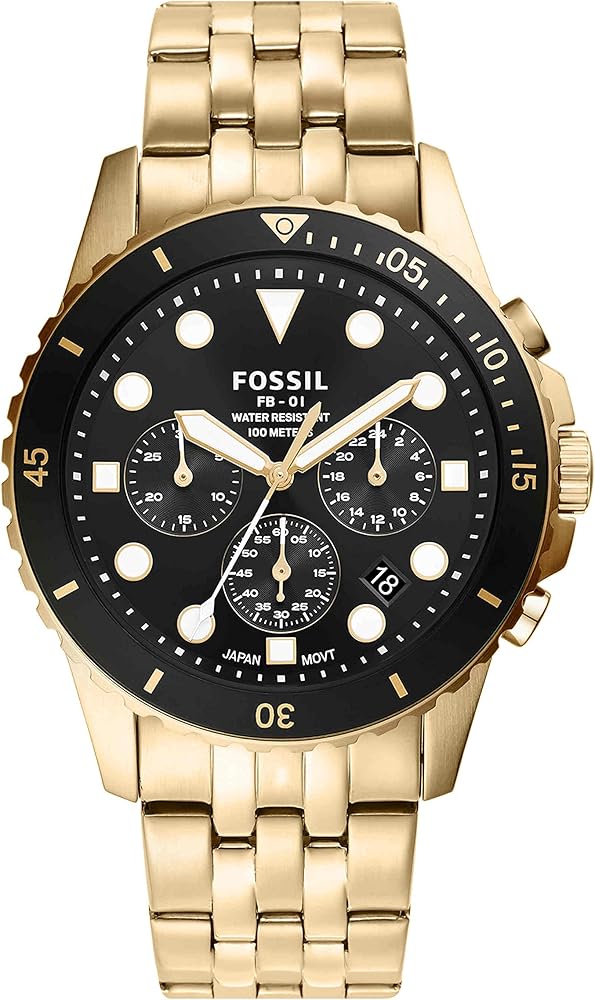 Fossil FB-01 Chronograph Black Dial Gold Steel Strap Watch for Men - FS5836