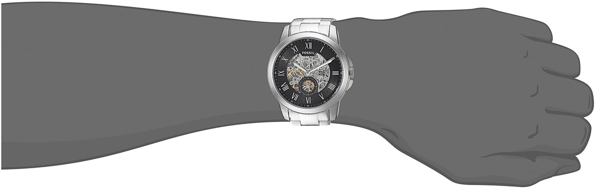 Fossil Grant Skeleton Black Dial Silver Steel Strap Watch for Men - ME3055