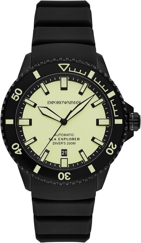Emporio Armani Sea Explorer Automatic Yellow Dial Black Silicone Strap Watch For Men - AR60085