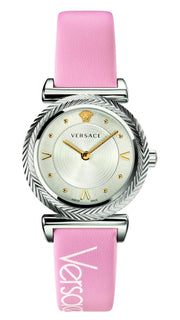 Versace V-Motif Silver Dial Pink Leather Strap Watch for Women - VERE00118