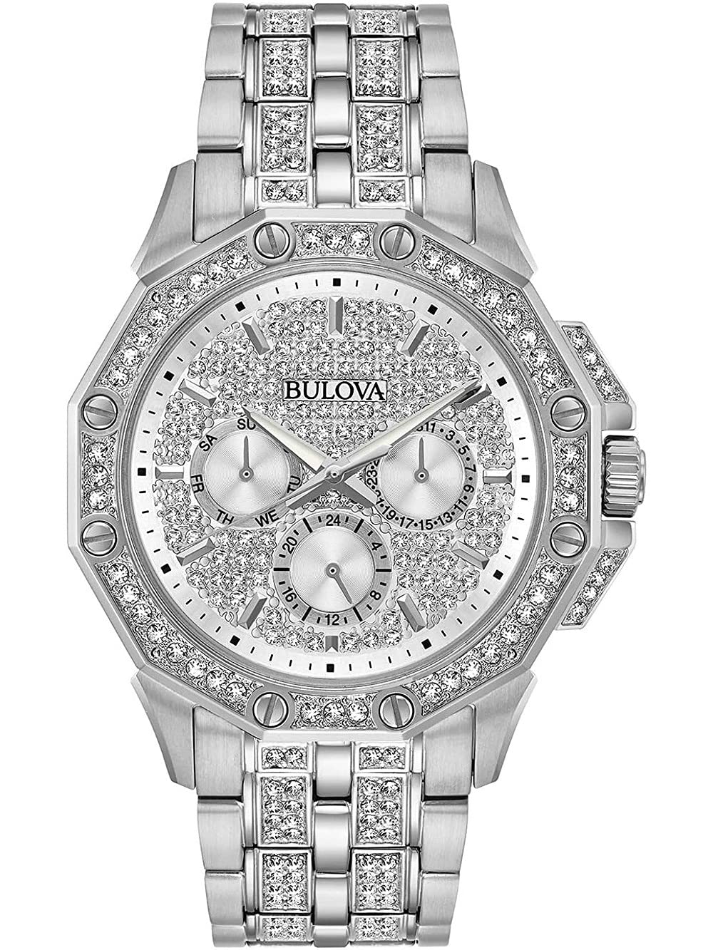 Bulova Crystal Collection Pave Silver Dial with Crystals Silver Steel Strap Watch for Men - 96C134