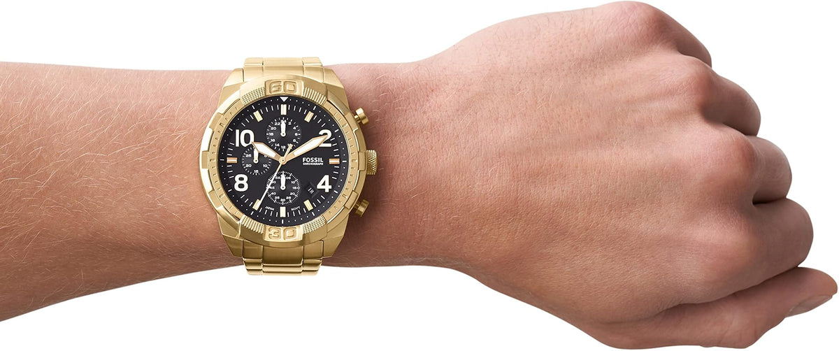 Fossil Bronson Chronograph Black Dial Gold Steel Strap Watch for Men - FS5877