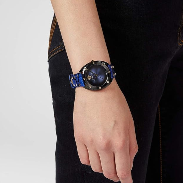 Versace Shadov Quartz Black Dial Blue Leather Strap Watch for Men - VEBM00418