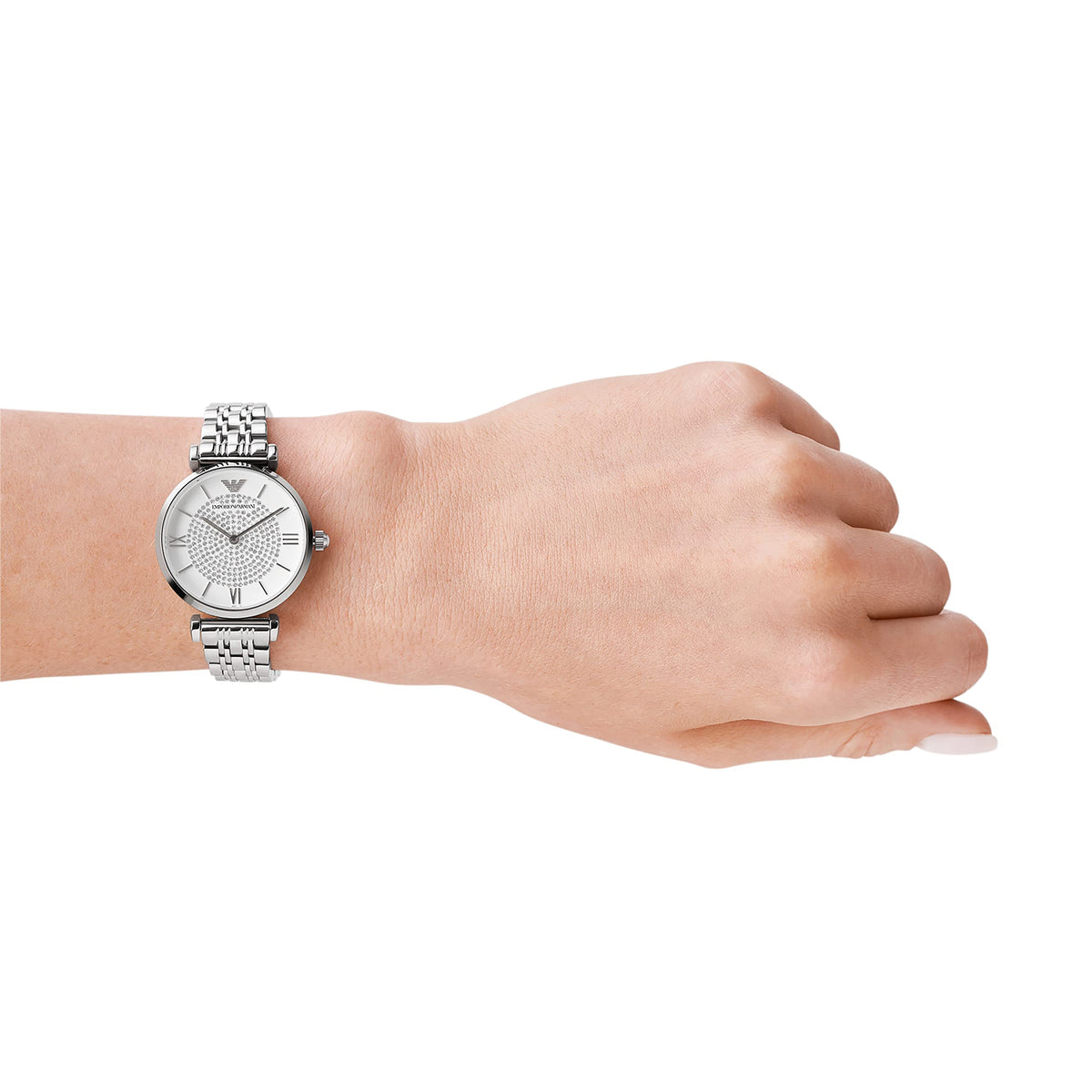 Emporio Armani Gianni T Bar White Crystal Pave Dial Silver Stainless Steel Strap Watch For Women - AR1925