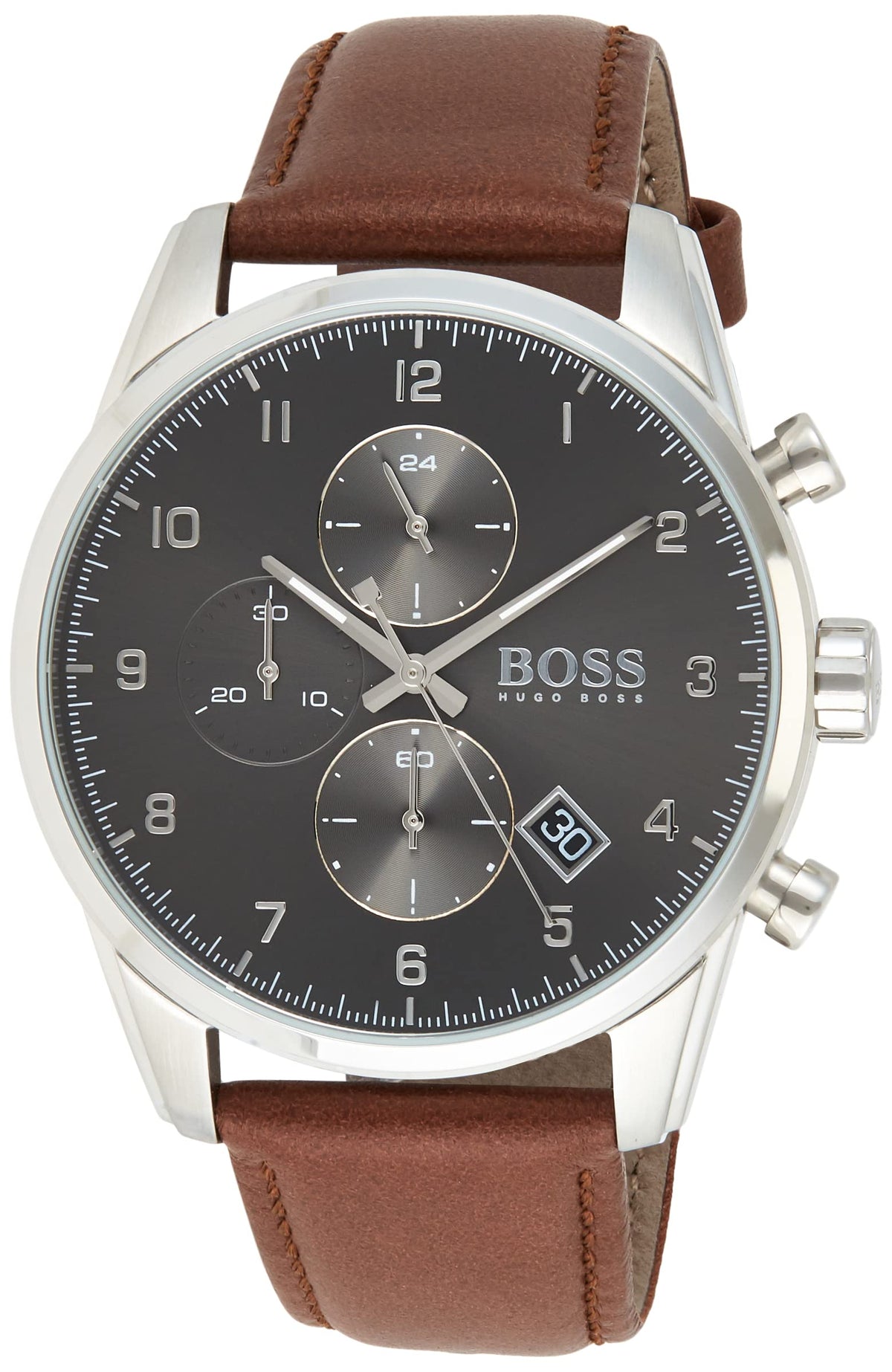 Hugo Boss Navigator Chronograph Grey Dial Brown Leather Strap Watch for Men - 1513494