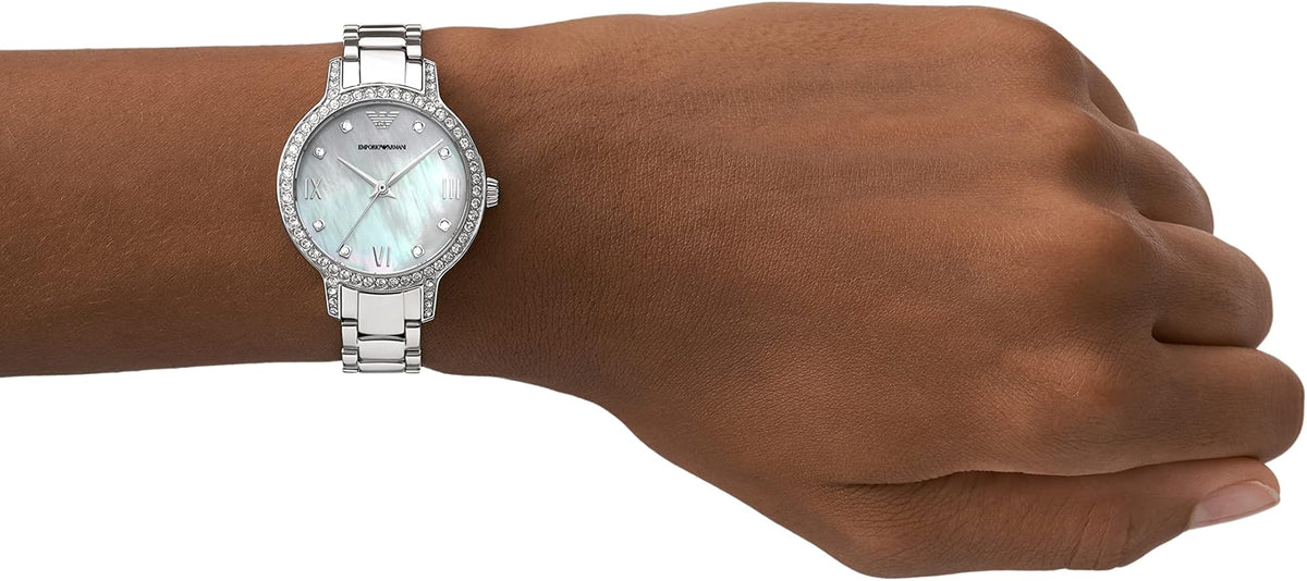 Emporio Armani Cleo Crystals Mother Of Pearl Dial Silver Steel Strap Watch For Women - AR11484