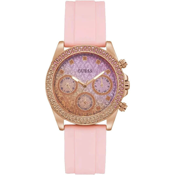 Guess Sparkling Chronograph Crystals Pink Dial Pink Silicone Strap Watch For Women - GW0032L4