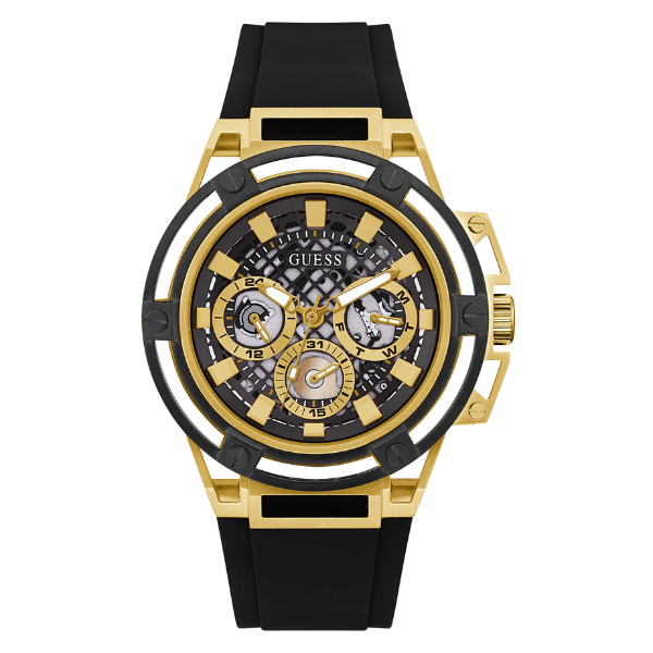 Guess Matrix Multifunction Gold Dial Black Rubber Strap Watch For Men - GW0423G2