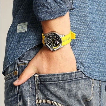 Tommy Hilfiger Sports Multifunction Black Dial Yellow Rubber Strap Watch for Men - 1791144